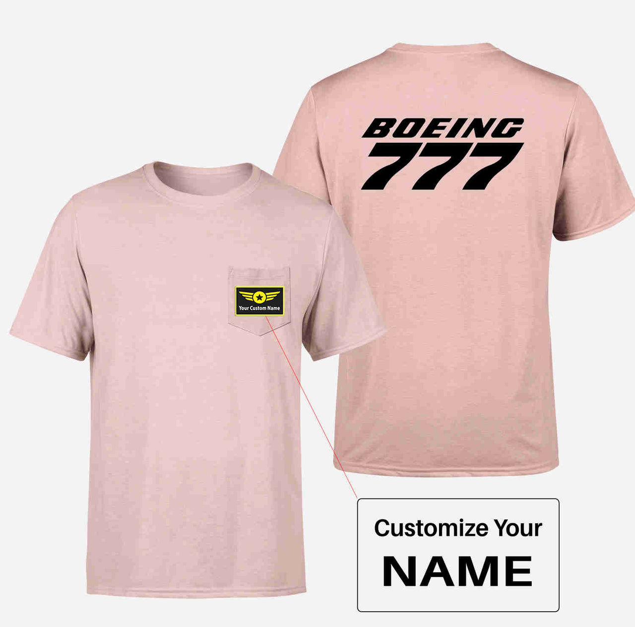 Boeing 777 & Text Designed Pocket T-Shirts