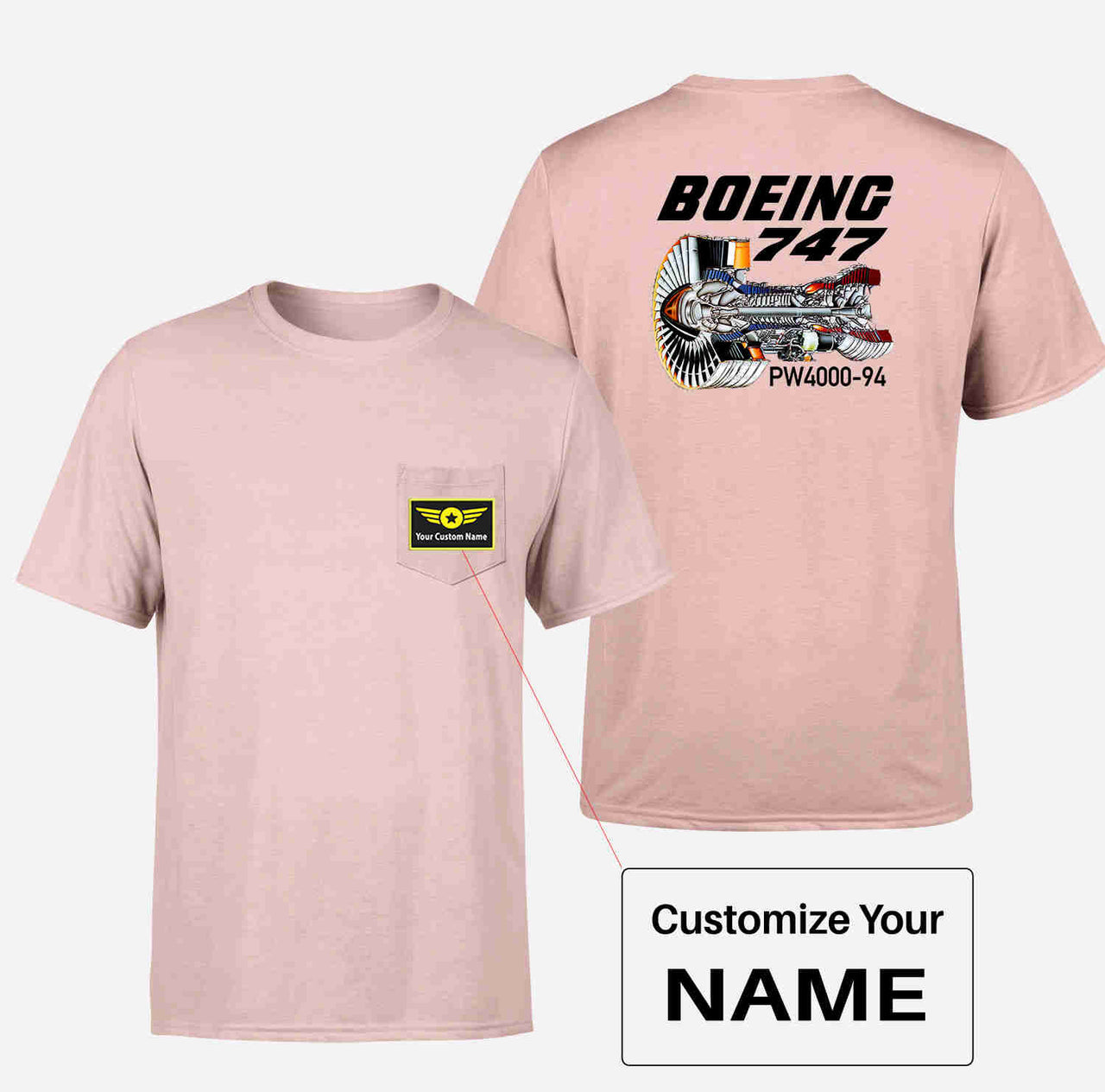 Boeing 747 & PW4000-94 Engine Designed Pocket T-Shirts