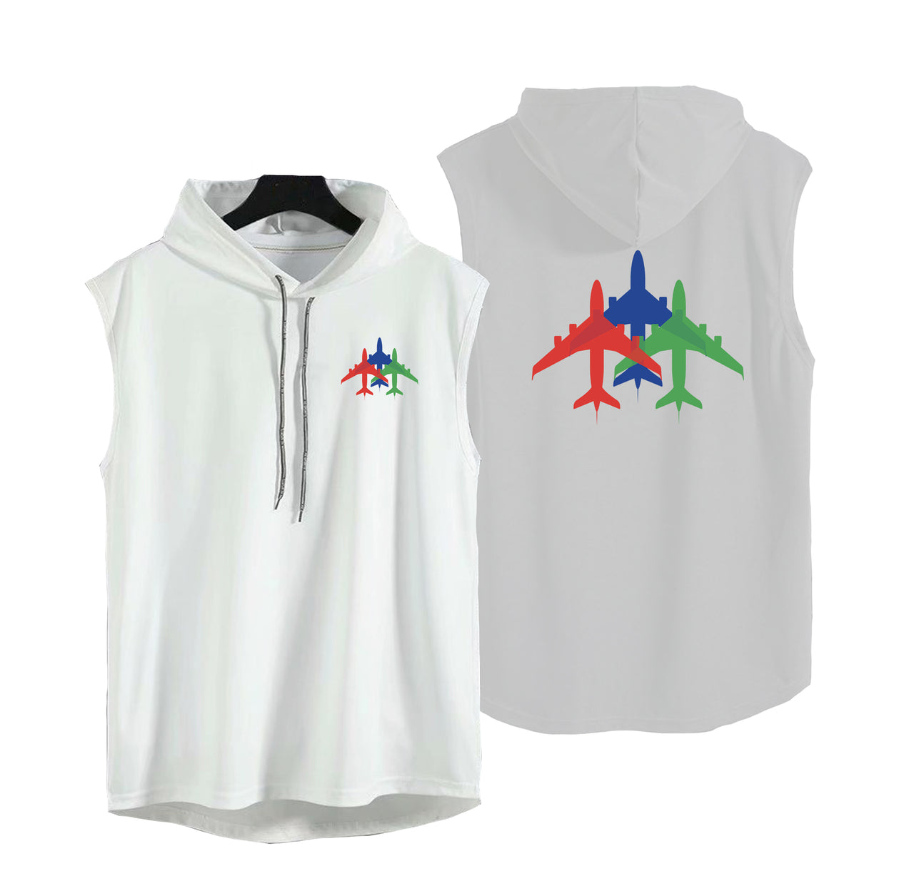 Colourful 3 Airplanes Designed Hooded Tank Tops