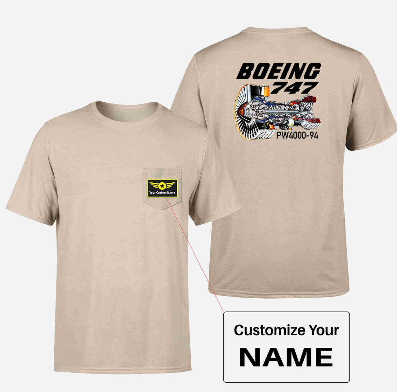 Boeing 747 & PW4000-94 Engine Designed Pocket T-Shirts