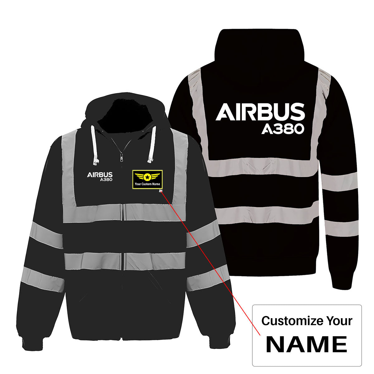 Airbus A380 & Text Designed Reflective Zipped Hoodies