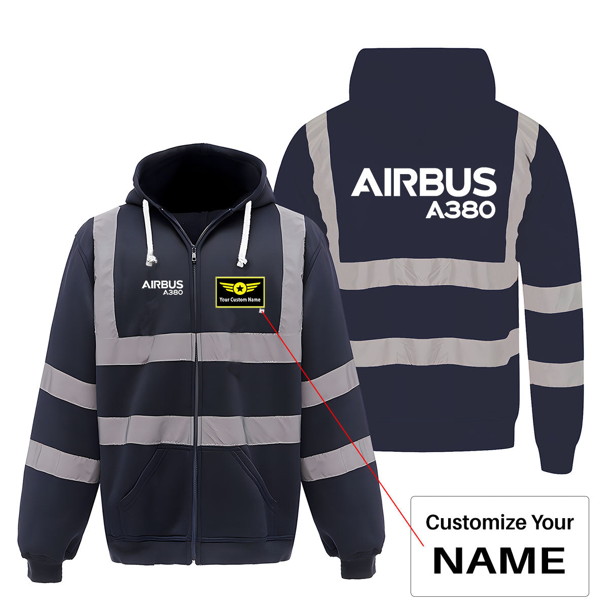 Airbus A380 & Text Designed Reflective Zipped Hoodies