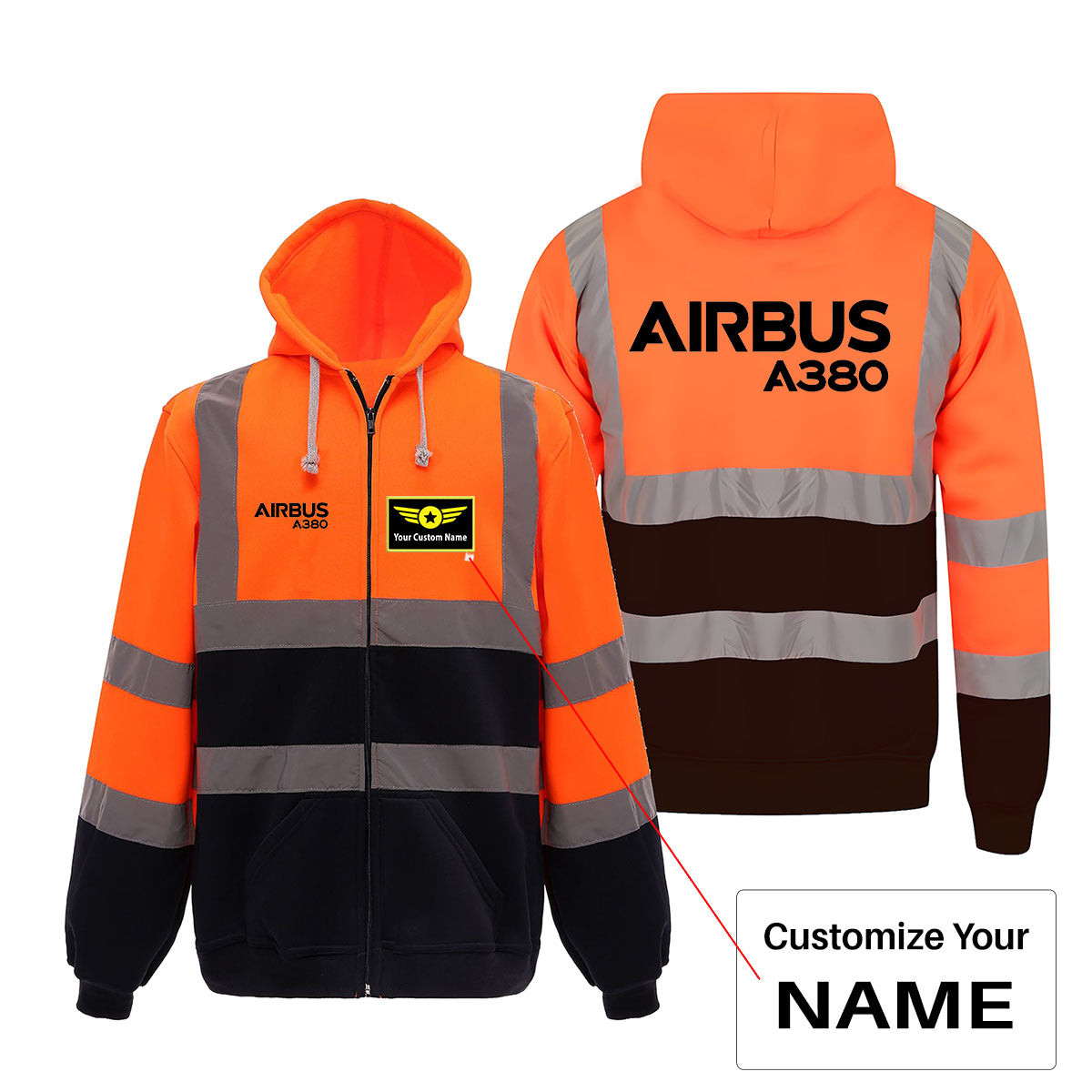 Airbus A380 & Text Designed Reflective Zipped Hoodies