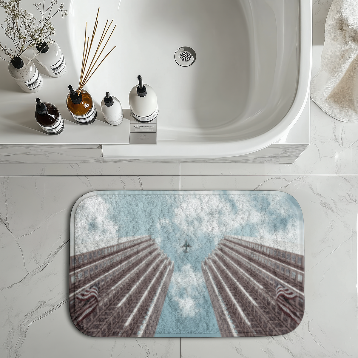 Airplane Flying over Big Buildings Designed Bath Mats