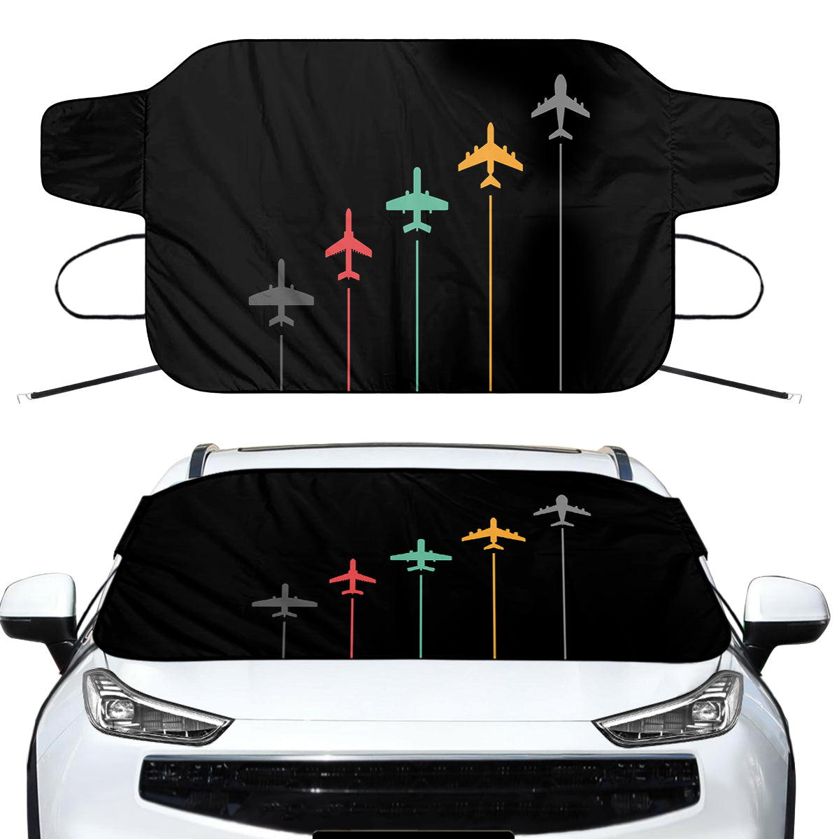 Black & White Super Travel Icons Black   Designed Car Windshield Snow Covers