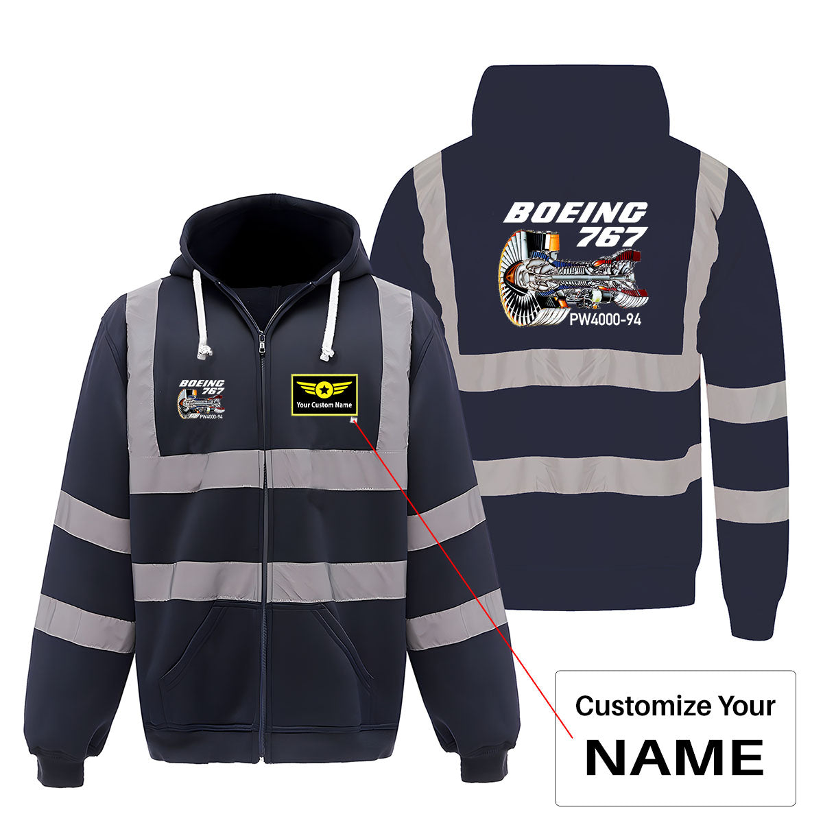 Boeing 767 Engine (PW4000-94) Designed Reflective Zipped Hoodies