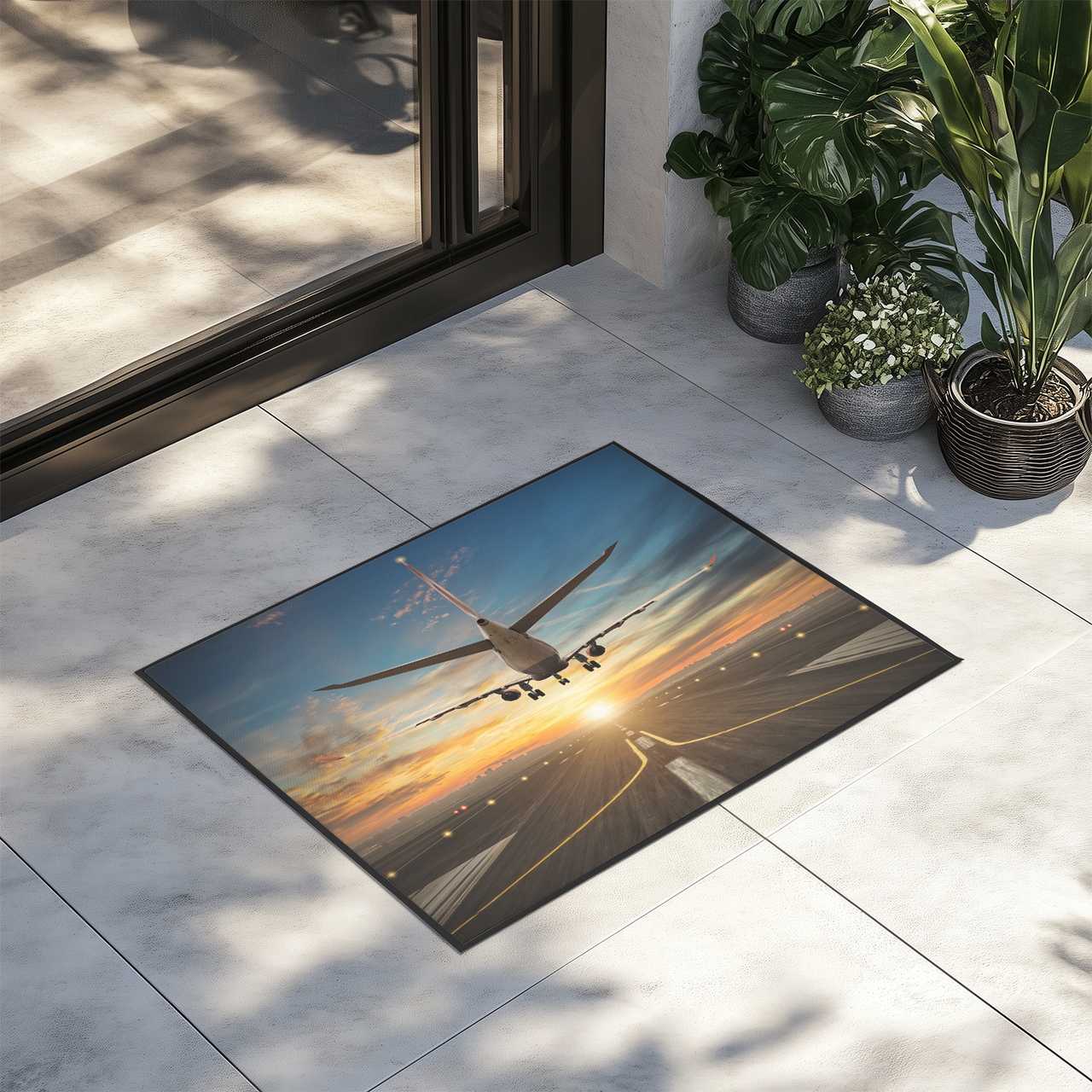 Airplane over Runway Towards the Sunrise Designed Door Mats