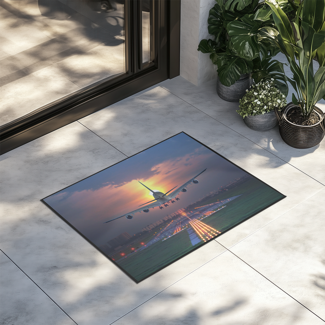 Super Airbus A380 Landing During Sunset Designed Door Mats