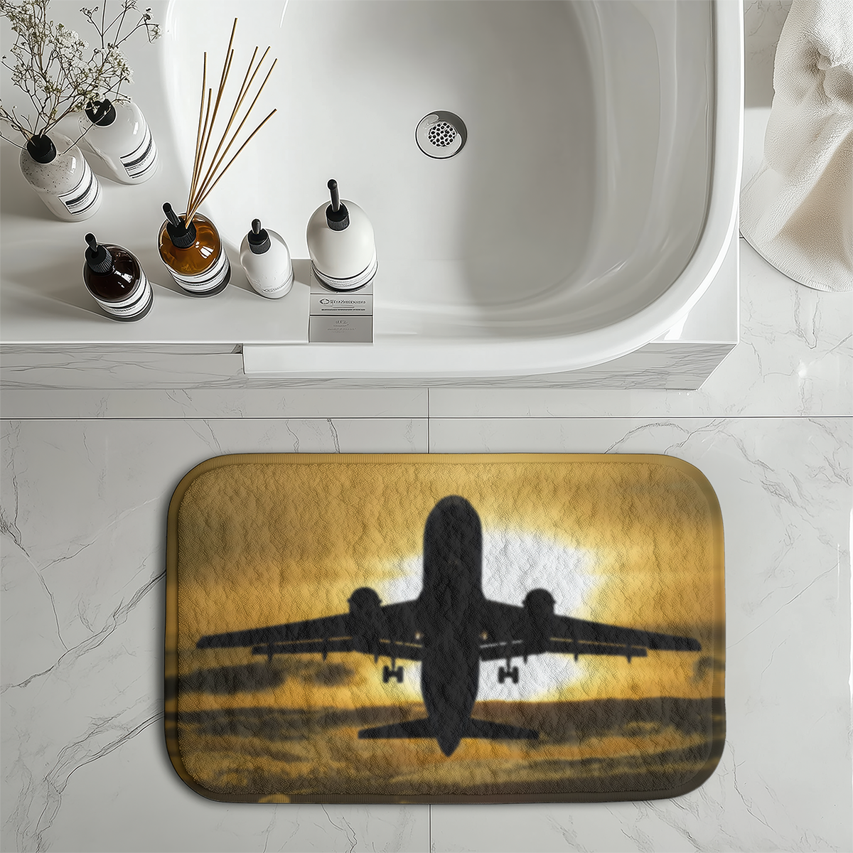 Departing Passanger Jet During Sunset Designed Bath Mats