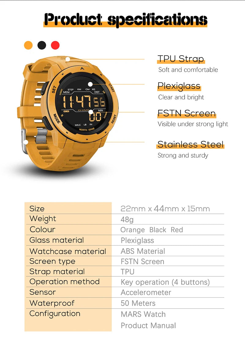 Waterproof 50m Smart Watch Sports watch Dual Time Running Pedometer Countdown