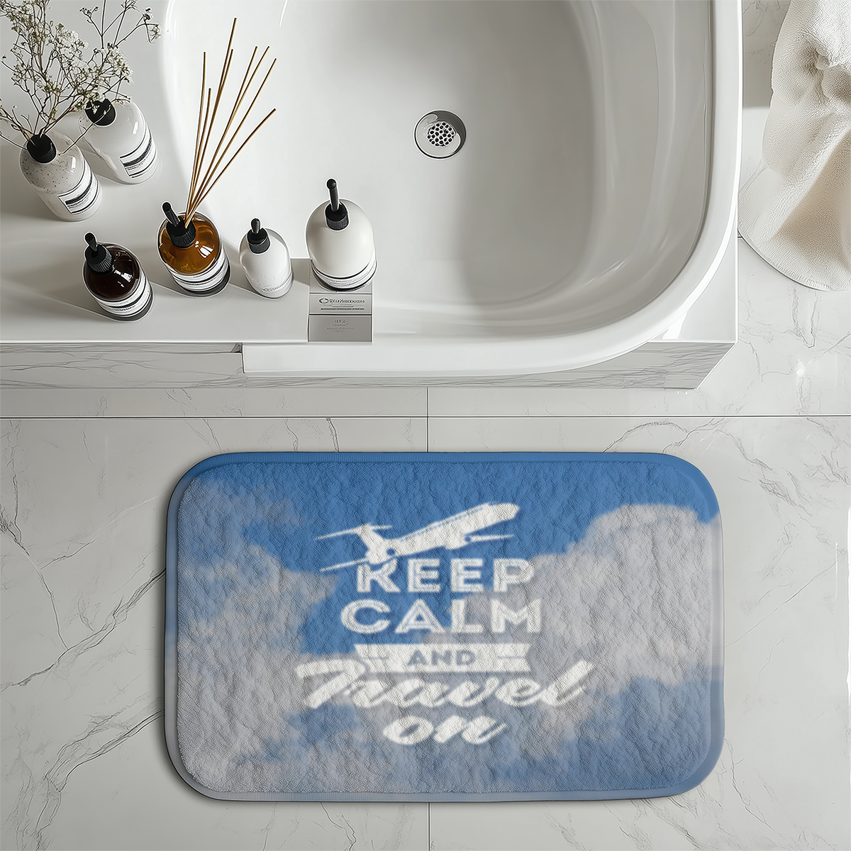 Keep Calm and Travel On Designed Bath Mats