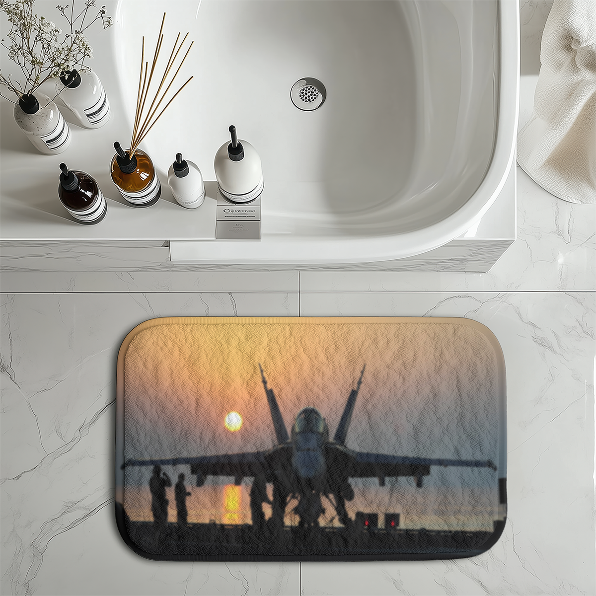 Military Jet During Sunset Designed Bath Mats