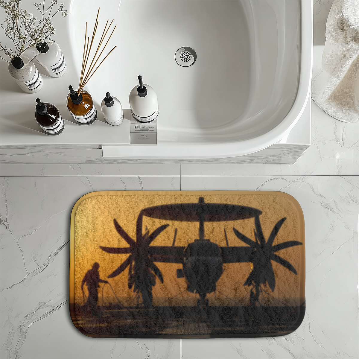 Military Plane at Sunset Designed Bath Mats