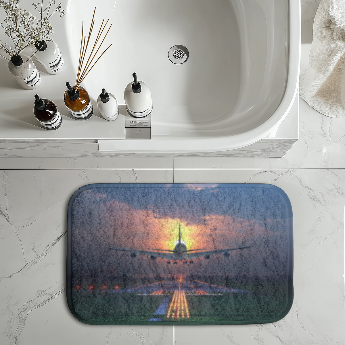 Super Airbus A380 Landing During Sunset Designed Bath Mats