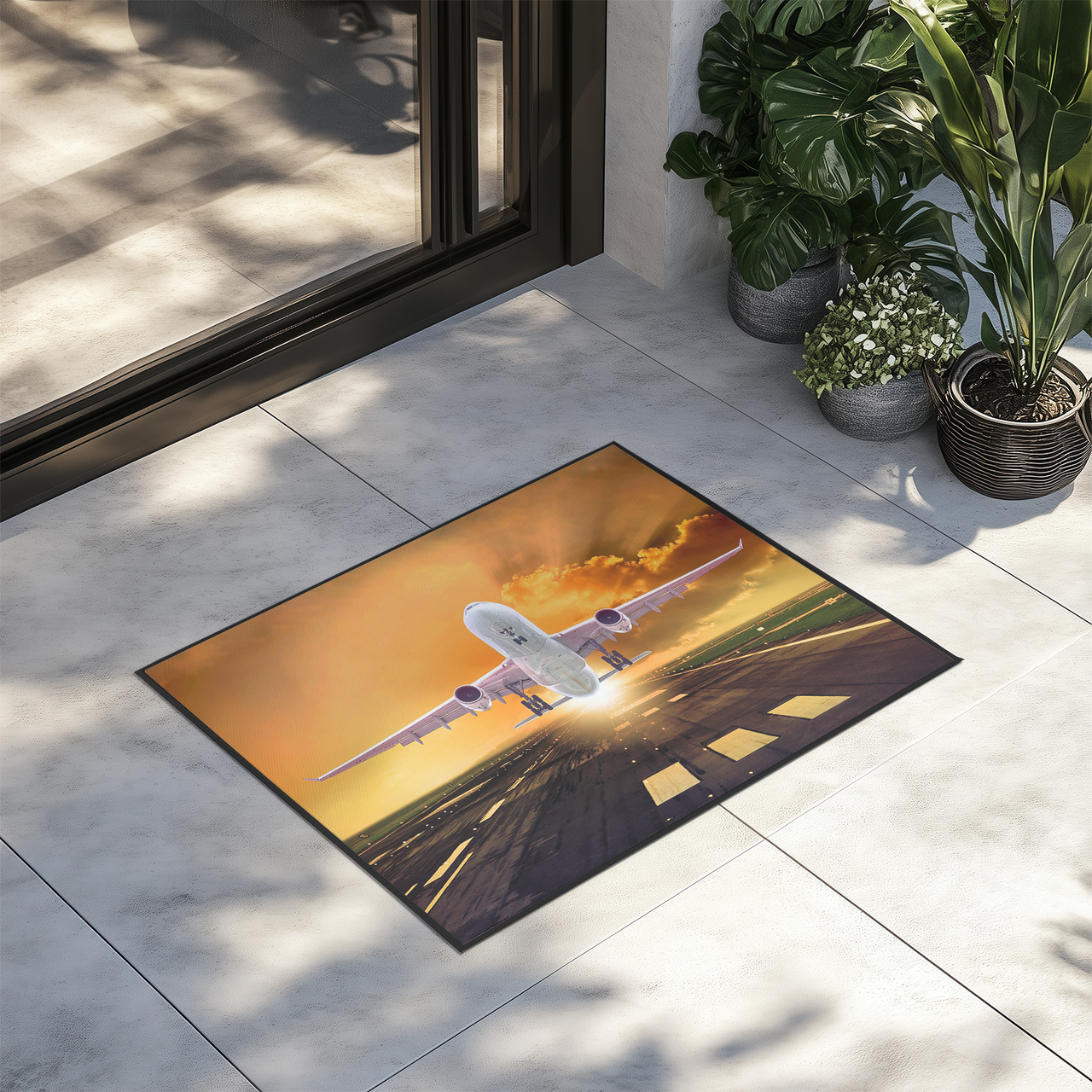 Amazing Departing Aircraft Sunset & Clouds Behind Designed Door Mats