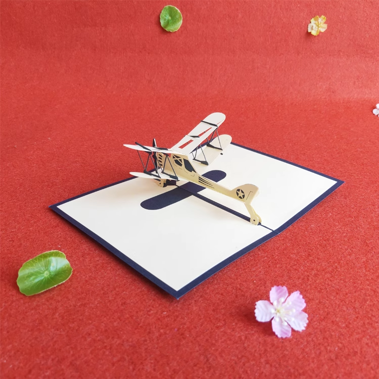 Retro Airplanepilot Blue Paper Cuttings 3D greeting card