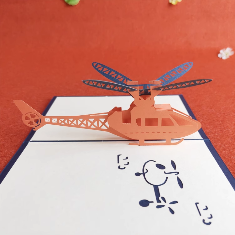 Helicopter Blue Paper Cuttings 3D greeting card