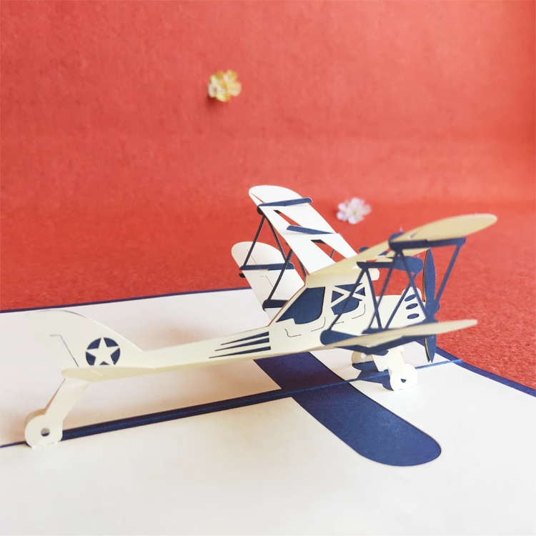 Retro Airplanepilot Blue Paper Cuttings 3D greeting card