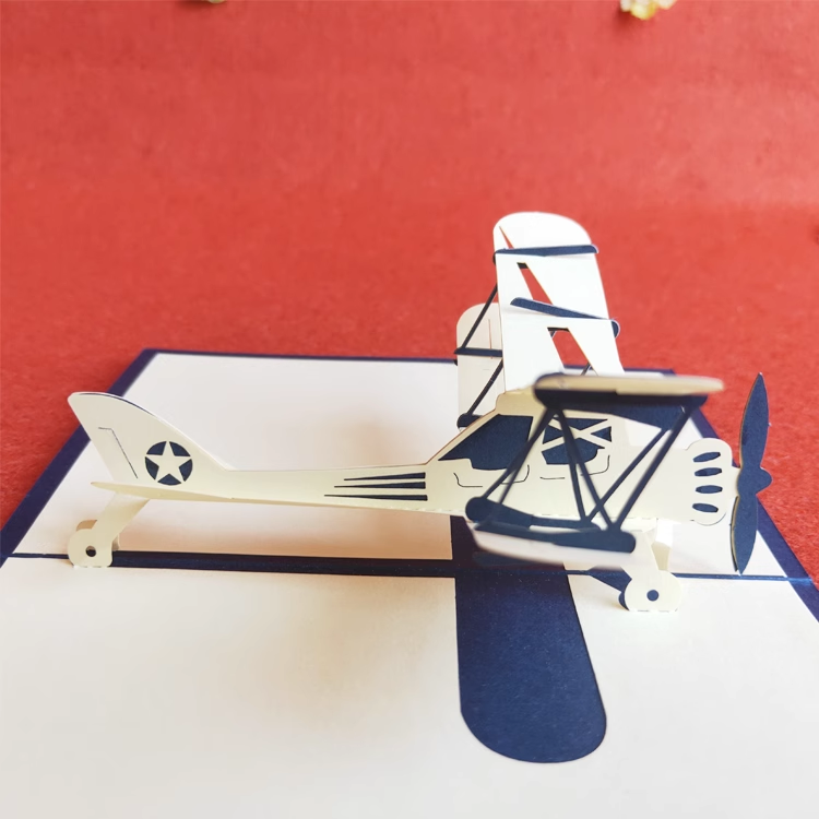 Retro Airplanepilot Blue Paper Cuttings 3D greeting card