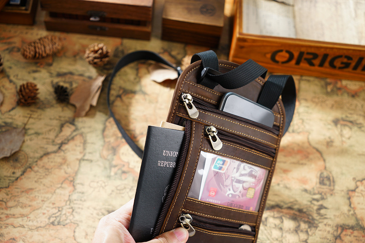 Cowhide RFID Multi functional neck hanging passport bag