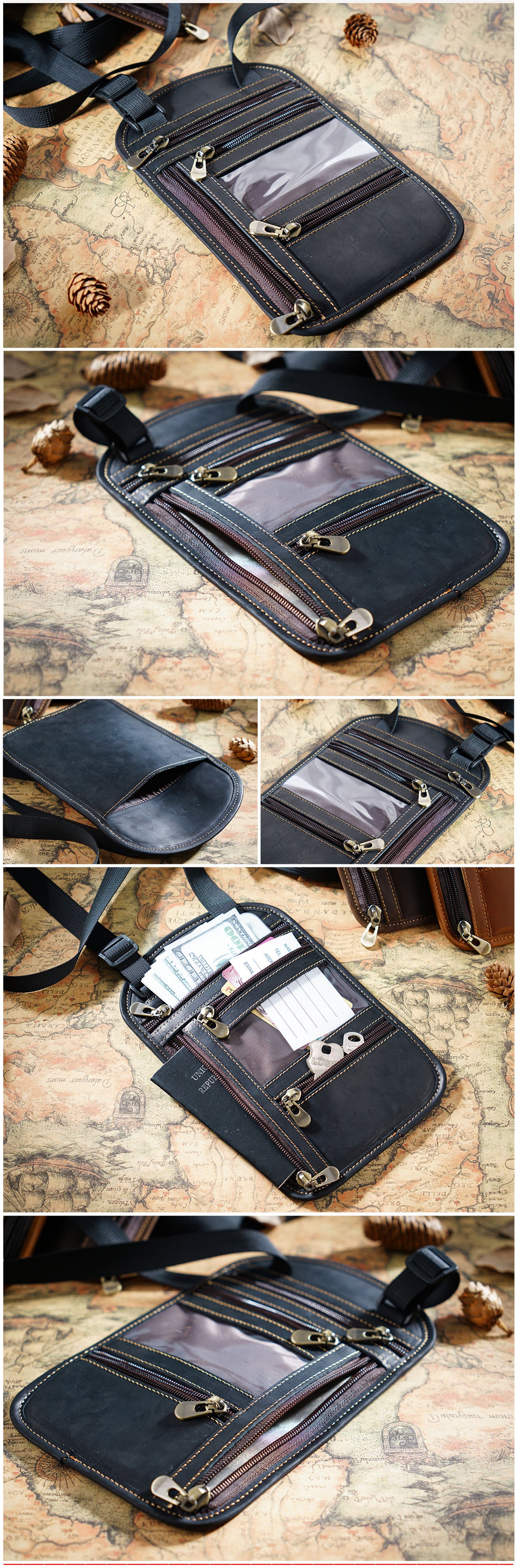 Cowhide RFID Multi functional neck hanging passport bag