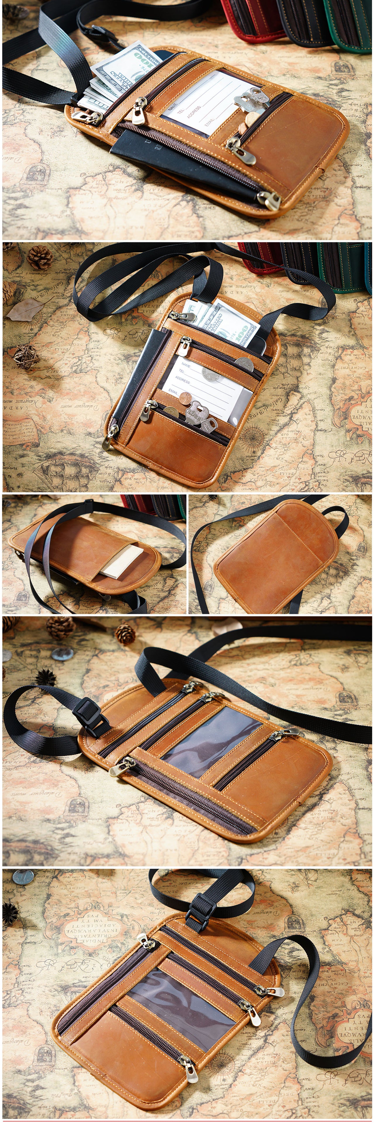 Cowhide RFID Multi functional neck hanging passport bag