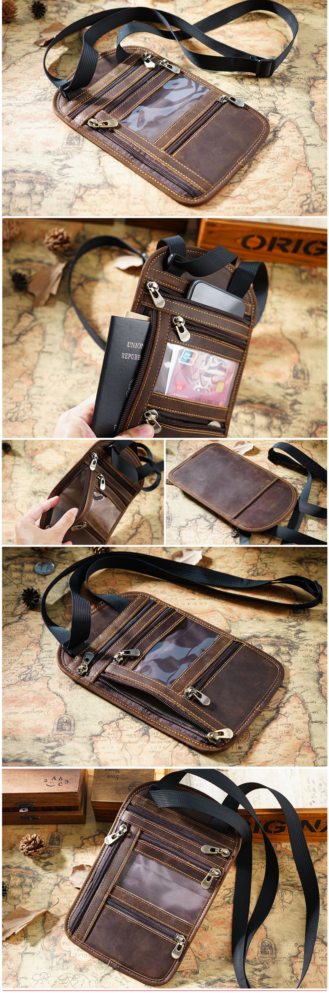 Cowhide RFID Multi functional neck hanging passport bag