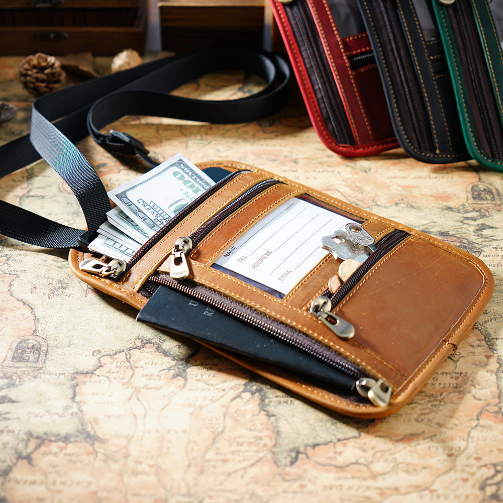 Cowhide RFID Multi functional neck hanging passport bag