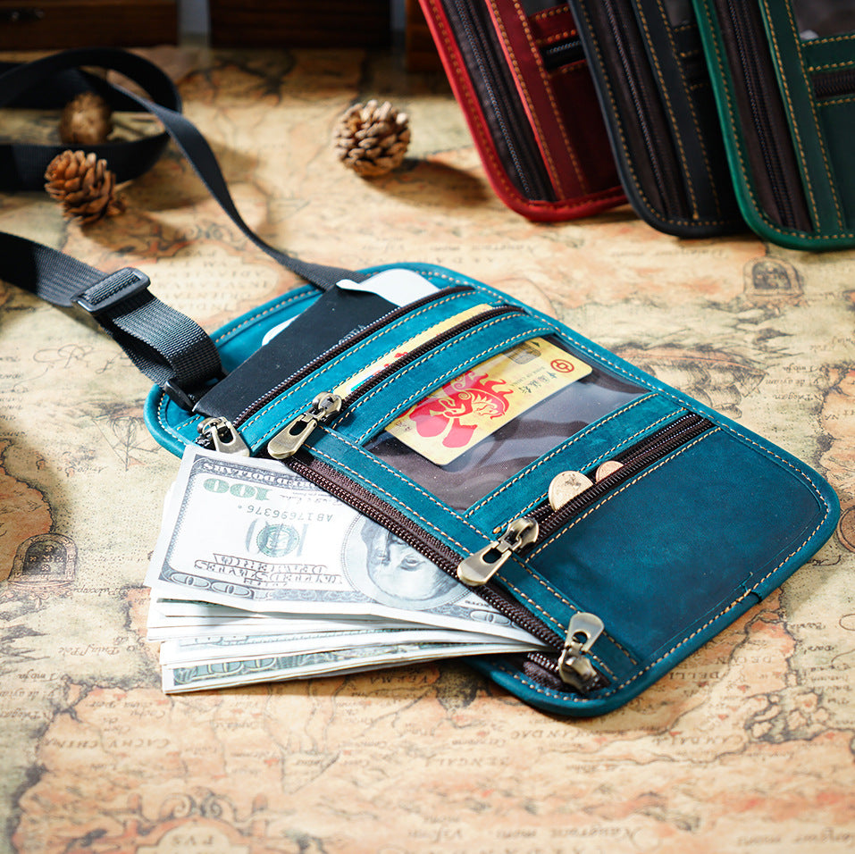 Cowhide RFID Multi functional neck hanging passport bag