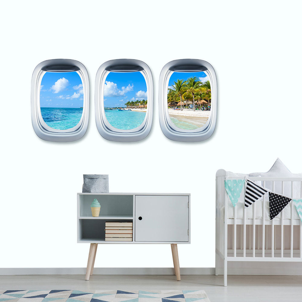 Airplane Window & Akumal Beach View Printed Wall Window Stickers