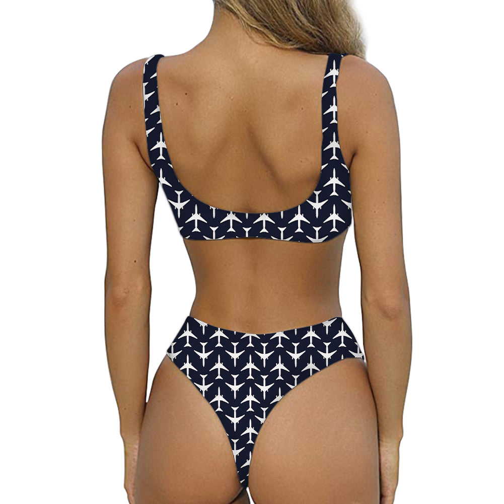 Perfectly Sized Seamless Airplanes Dark Blue Designed Women Sexy Bikini Set Swimsuit