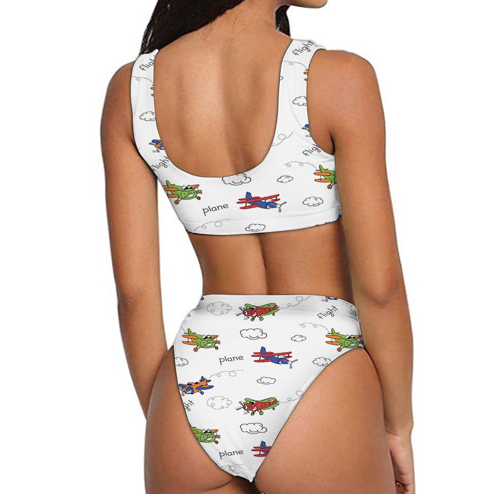 Colorful Cartoon Planes Designed Women Bikini Set Swimsuit