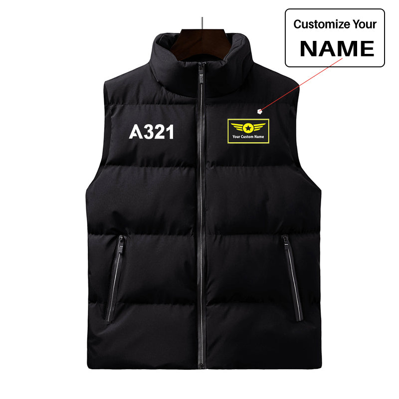 A321 Flat Text Designed Puffy Vests