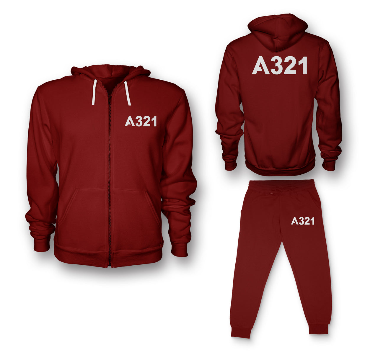 A321 Flat Text Designed Zipped Hoodies & Sweatpants Set