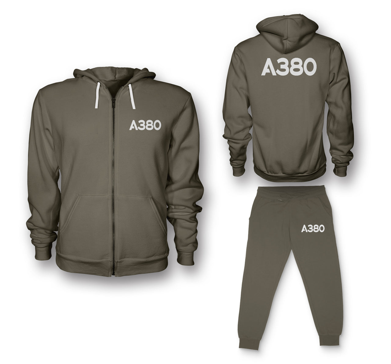 A380 Flat Text Designed Zipped Hoodies & Sweatpants Set