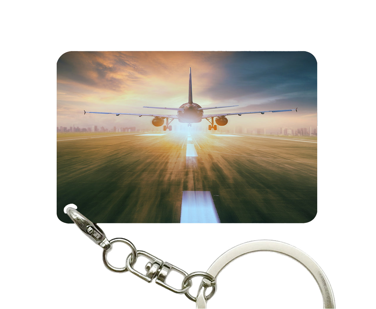 Airplane Flying Over Runway Designed Key Chains