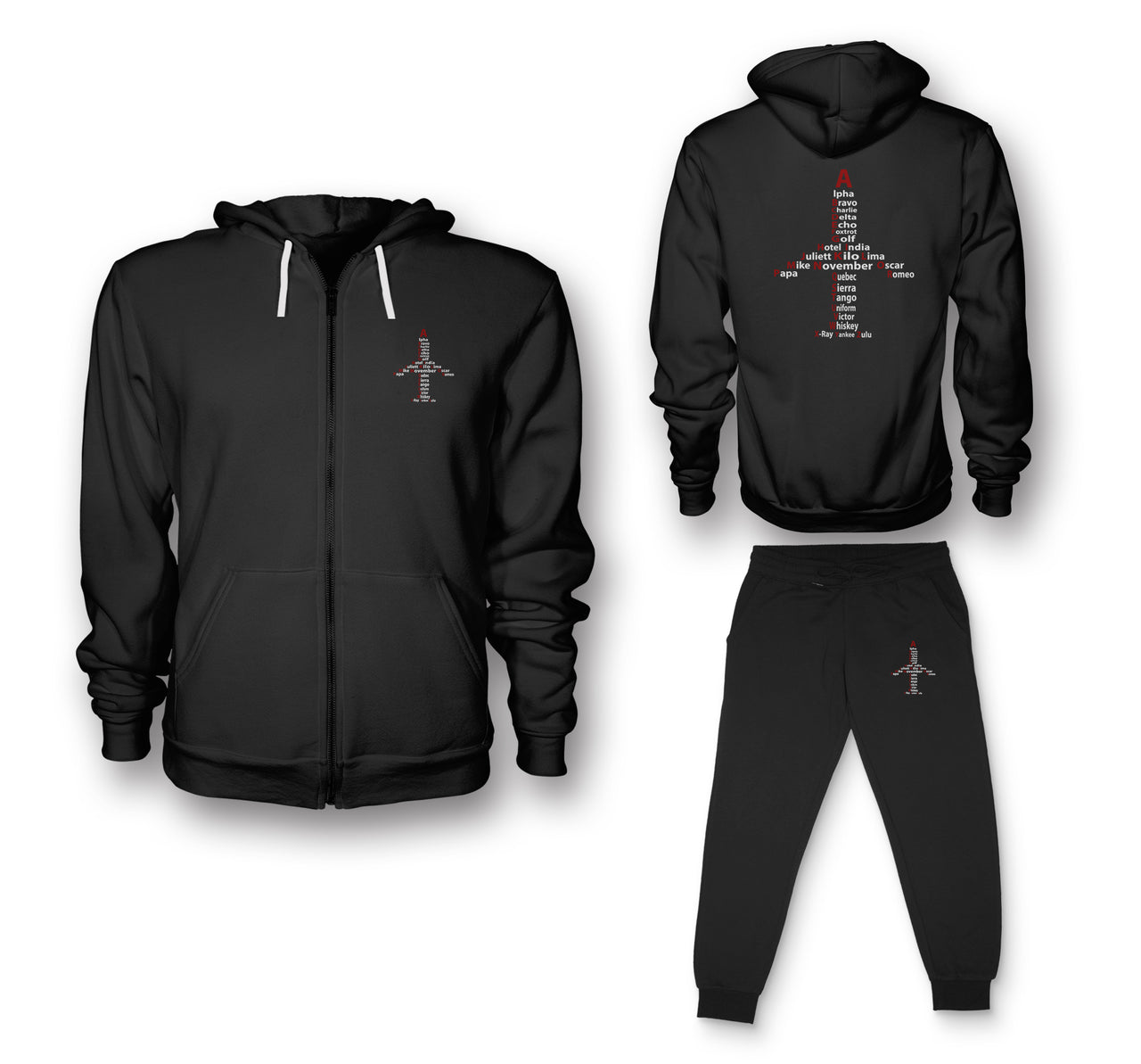 Airplane Shape Aviation Alphabet Designed Zipped Hoodies & Sweatpants Set