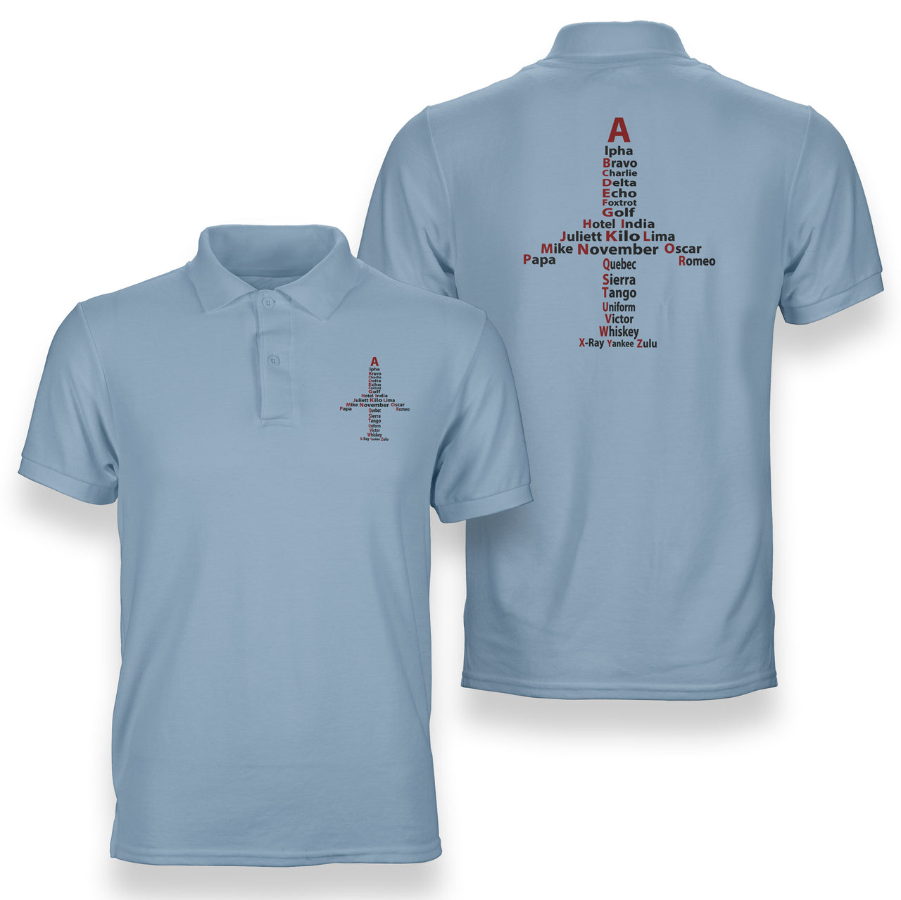 Airplane Shape Aviation Alphabet Designed Double Side Polo T-Shirts