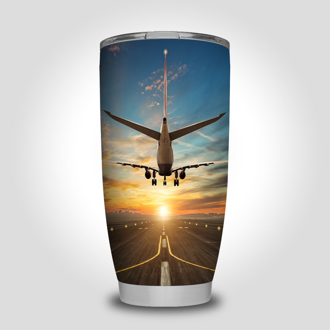 Airplane over Runway Towards the Sunrise Designed Tumbler Travel Mugs