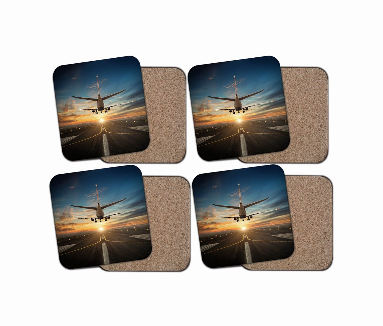 Airplane over Runway Towards the Sunrise Designed Coasters