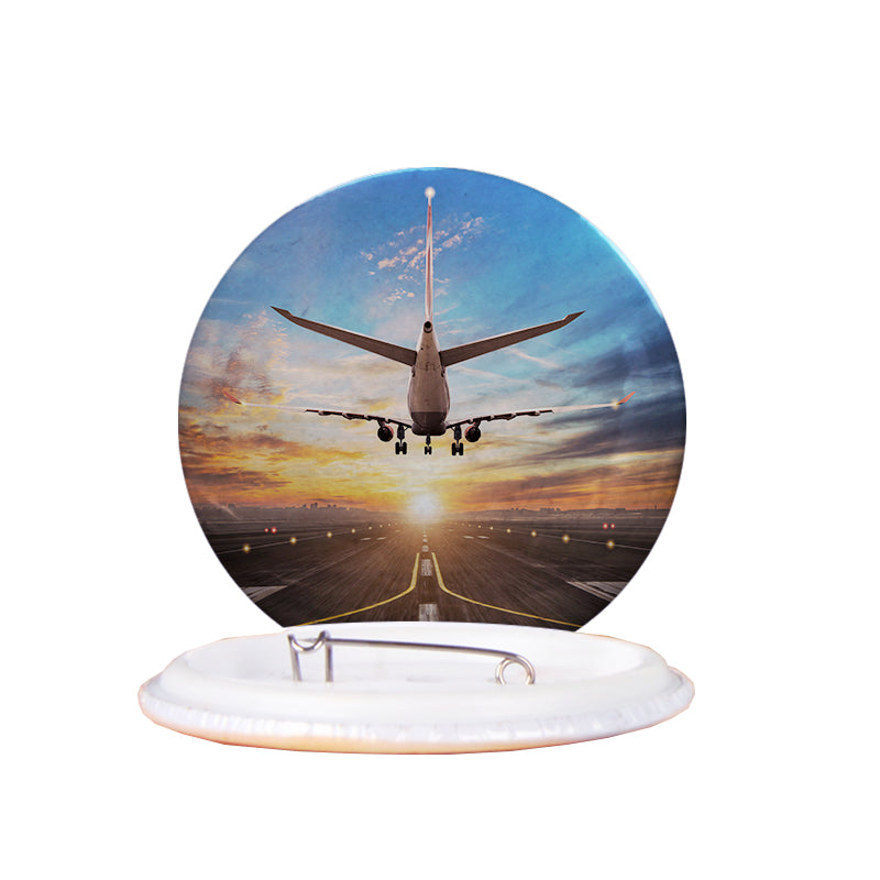 Airplane over Runway Towards the Sunrise Designed Pins