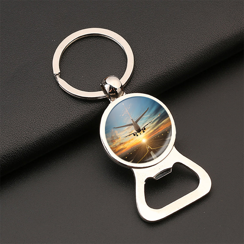 Airplane over Runway Towards the Sunrise Designed Bottle Opener Key Chains