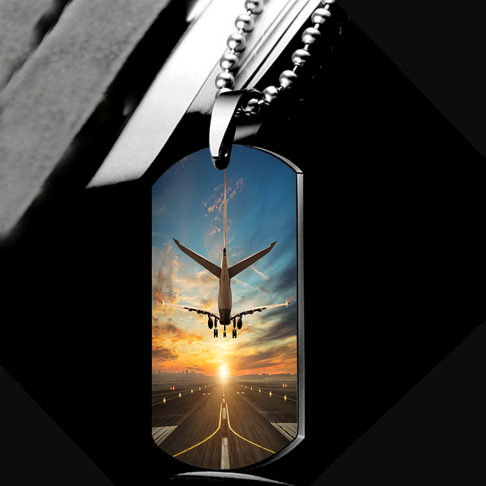 Airplane over Runway Towards the Sunrise Designed Metal Necklaces