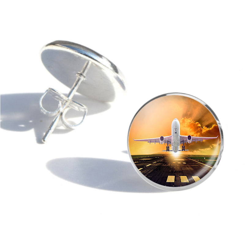 Amazing Departing Aircraft Sunset & Clouds Behind Designed Stud Earrings