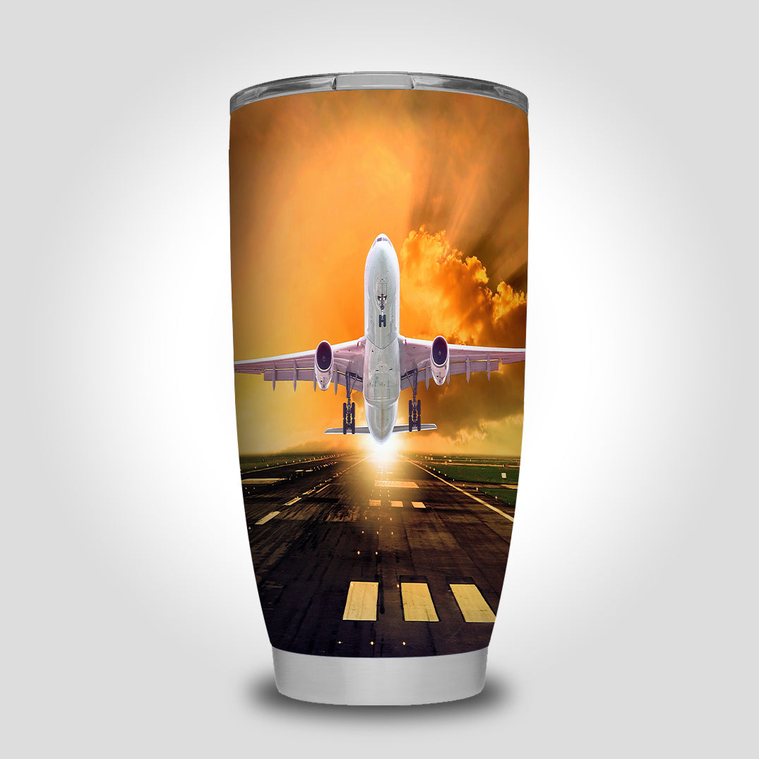 Amazing Departing Aircraft Sunset & Clouds Behind Designed Tumbler Travel Mugs