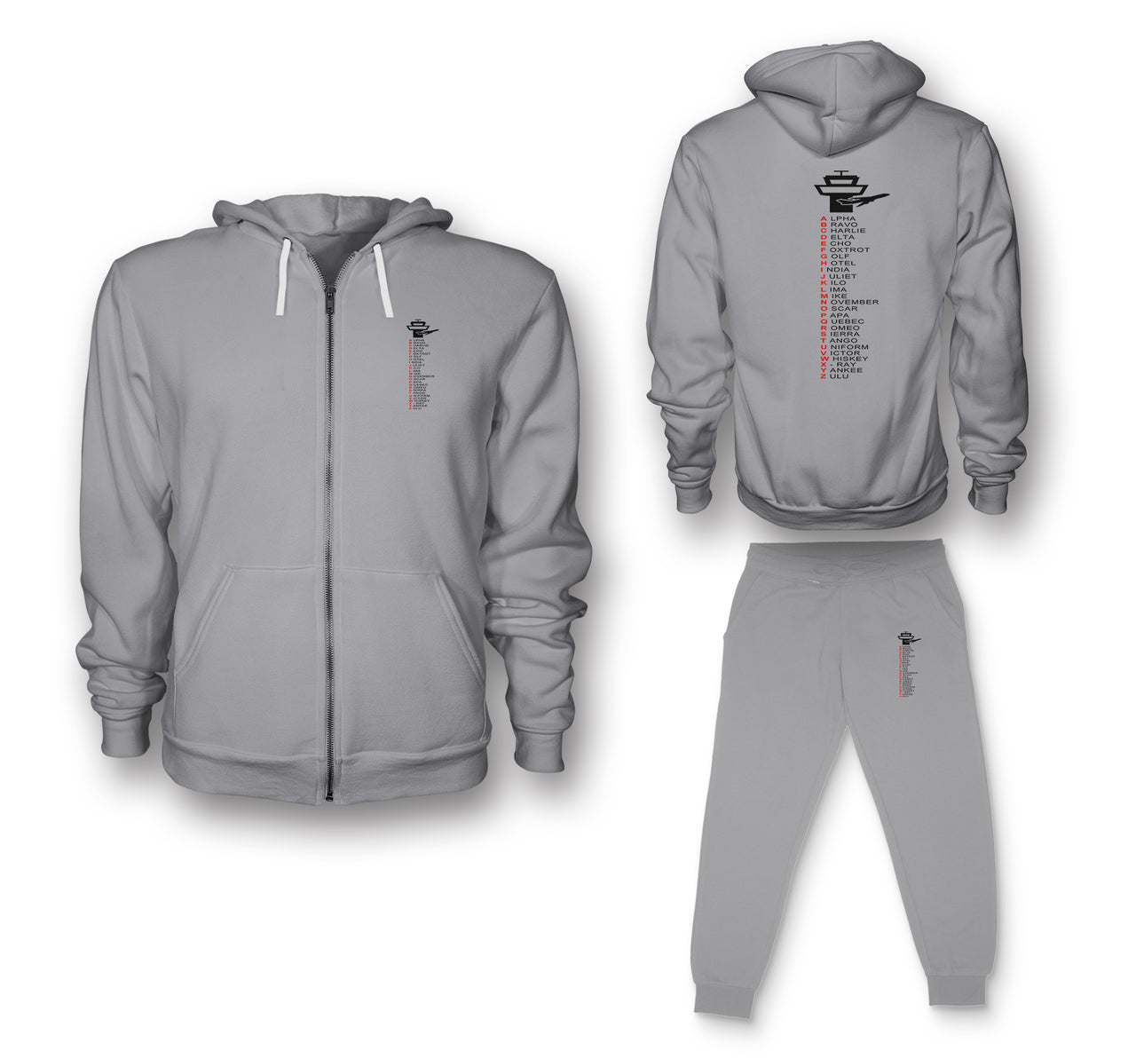 Aviation Alphabet Designed Zipped Hoodies & Sweatpants Set