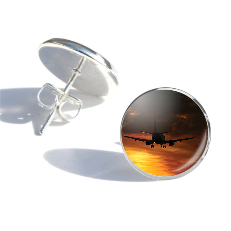 Beautiful Aircraft Landing at Sunset Designed Stud Earrings