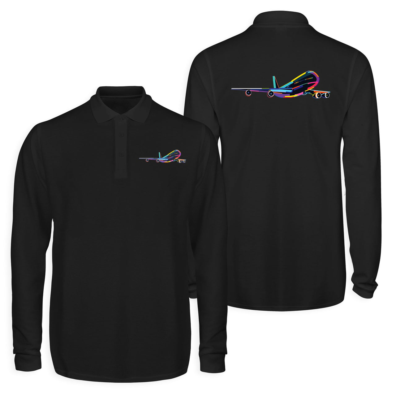 Multicolor Airplane Designed Long Sleeve Polo T-Shirts (Double-Side)