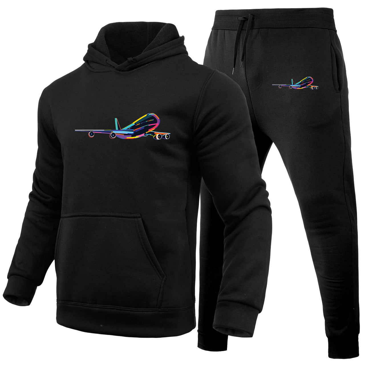 Multicolor Airplane Designed Hoodies & Sweatpants Set