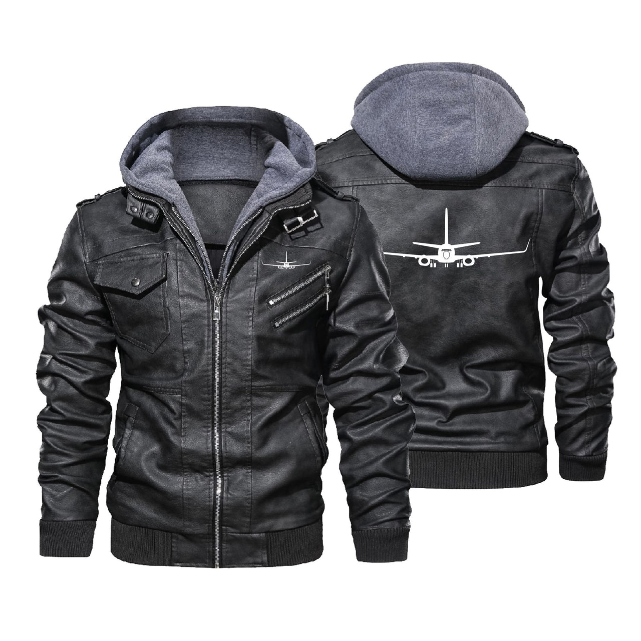 Boeing 737-800NG Silhouette Designed Hooded Leather Jackets